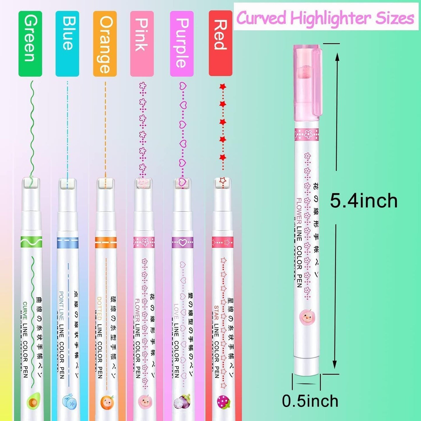 Linear Roller Color Pens Highlighters – Set of 6 Different Curve Shapes