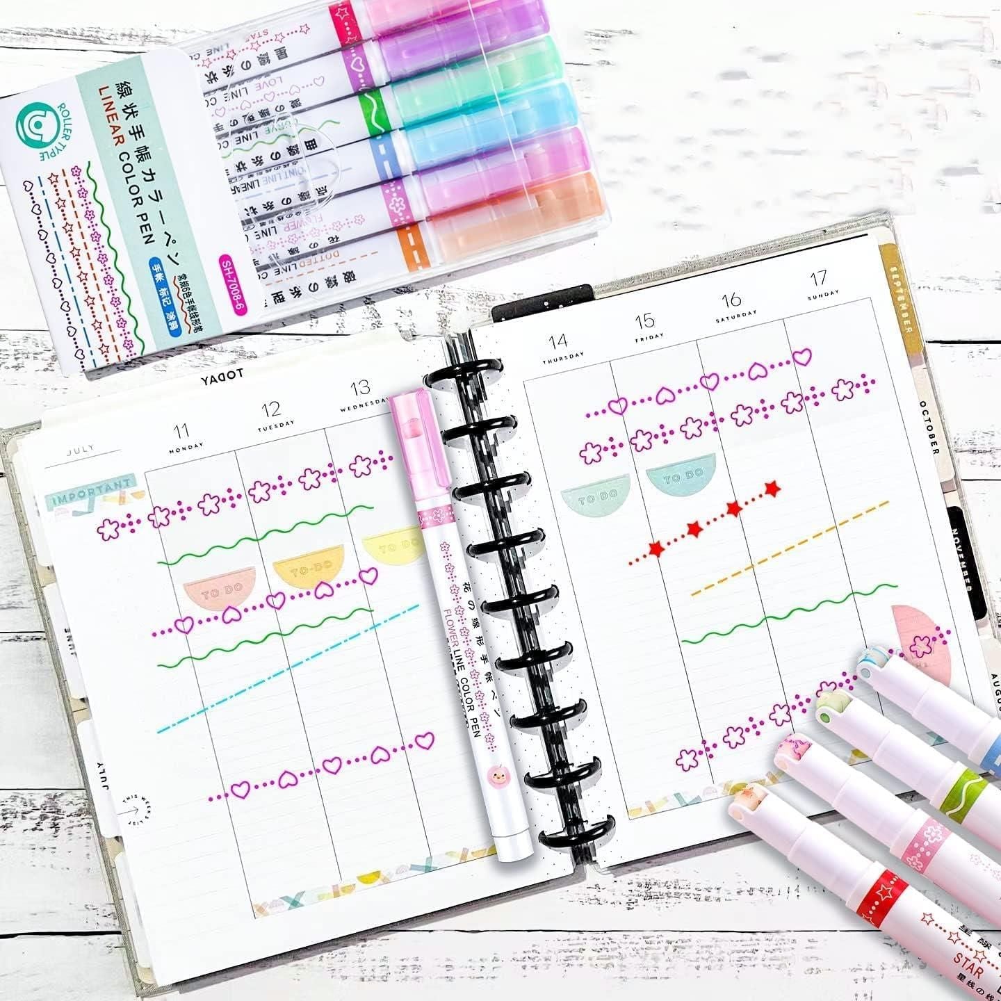 Linear Roller Color Pens Highlighters – Set of 6 Different Curve Shapes
