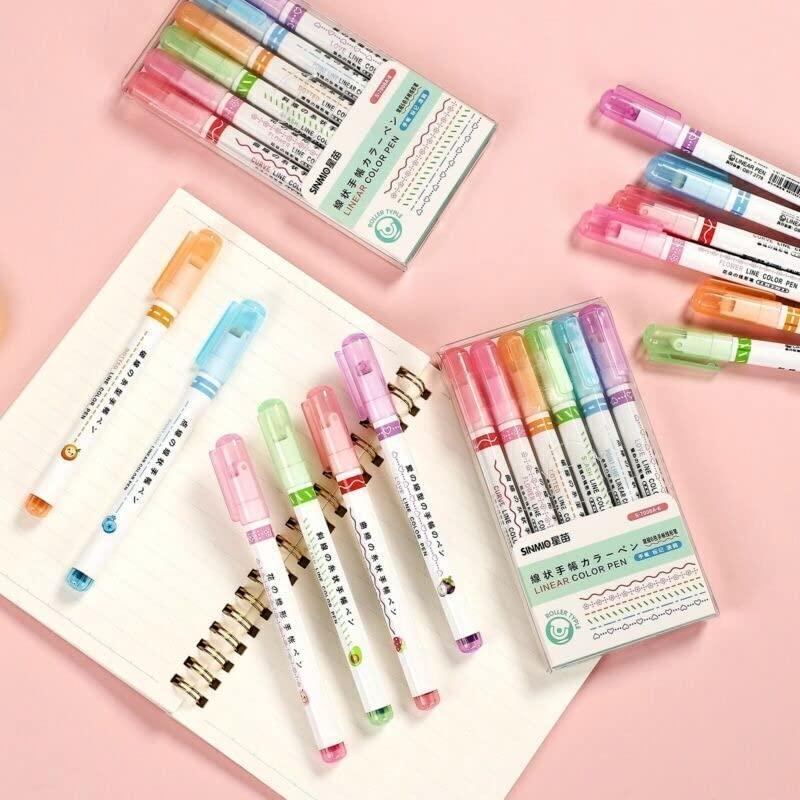 Linear Roller Color Pens Highlighters – Set of 6 Different Curve Shapes