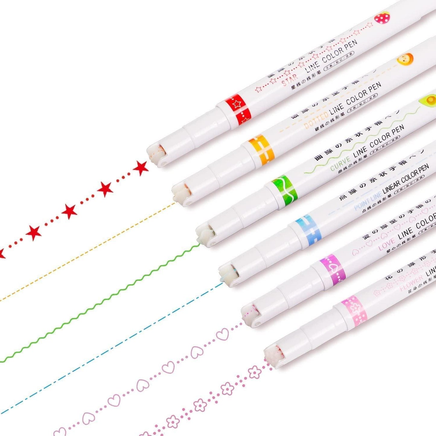 Linear Roller Color Pens Highlighters – Set of 6 Different Curve Shapes
