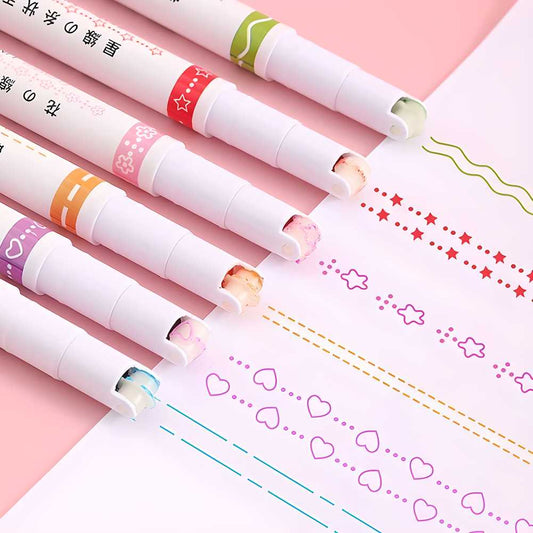 Linear Roller Color Pens Highlighters – Set of 6 Different Curve Shapes